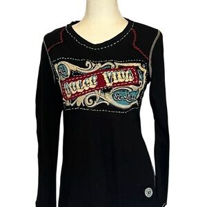 Double D Ranch Black Long Sleeve Tee with Red and Blue Details